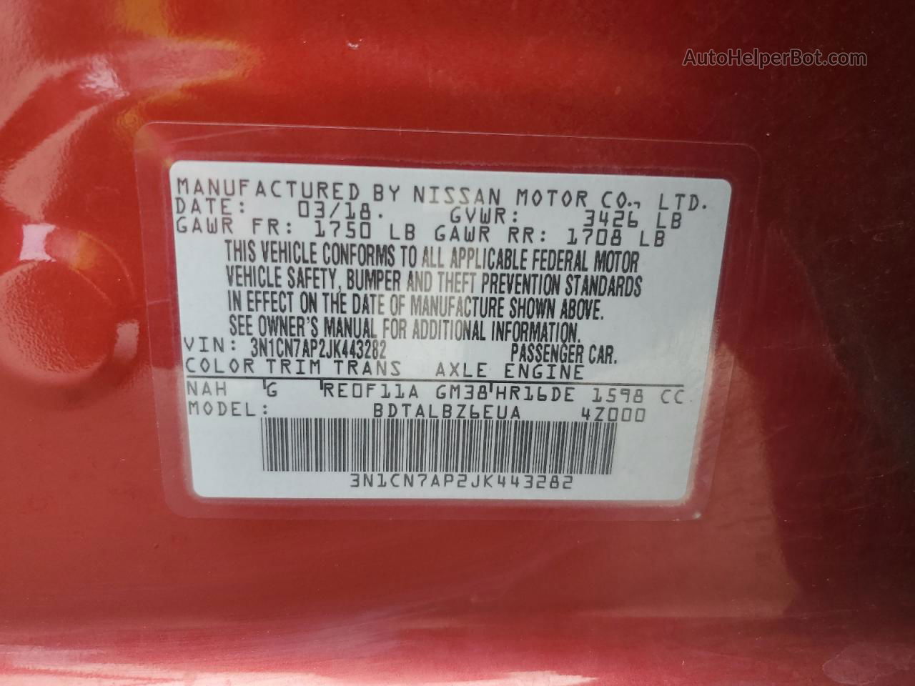 2018 Nissan Versa S Red vin: 3N1CN7AP2JK443282