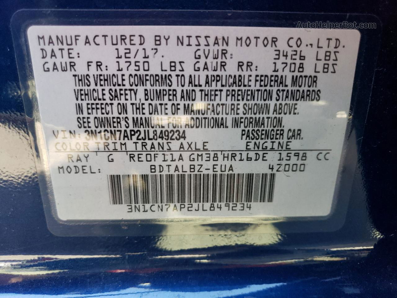 2018 Nissan Versa S Синий vin: 3N1CN7AP2JL849234