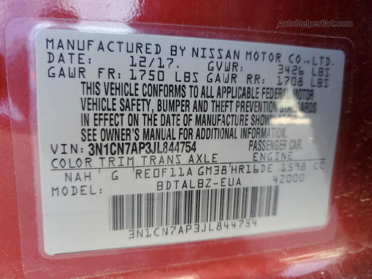 2018 Nissan Versa S Red vin: 3N1CN7AP3JL844754