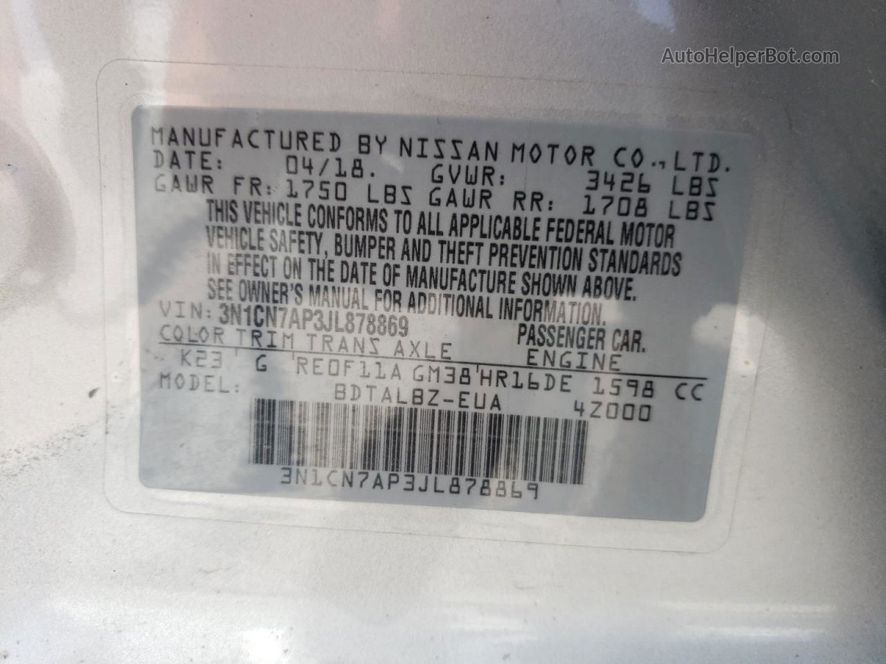 2018 Nissan Versa S Silver vin: 3N1CN7AP3JL878869