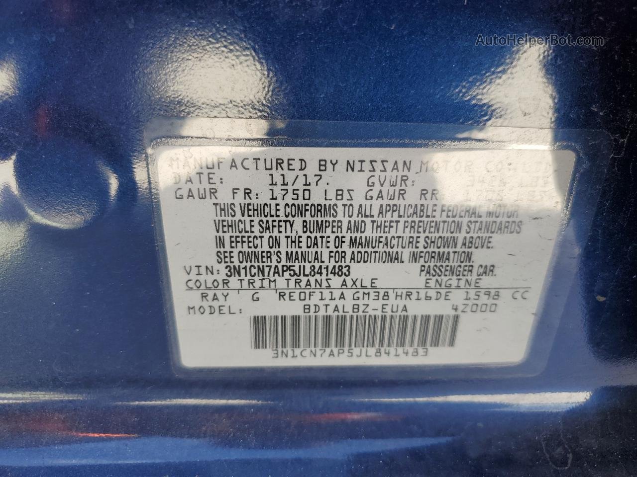 2018 Nissan Versa S Blue vin: 3N1CN7AP5JL841483