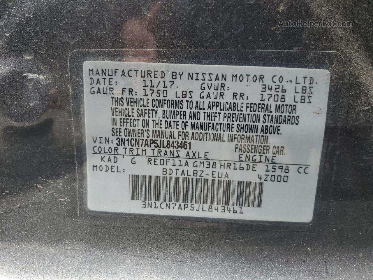 2018 Nissan Versa S Угольный vin: 3N1CN7AP5JL843461