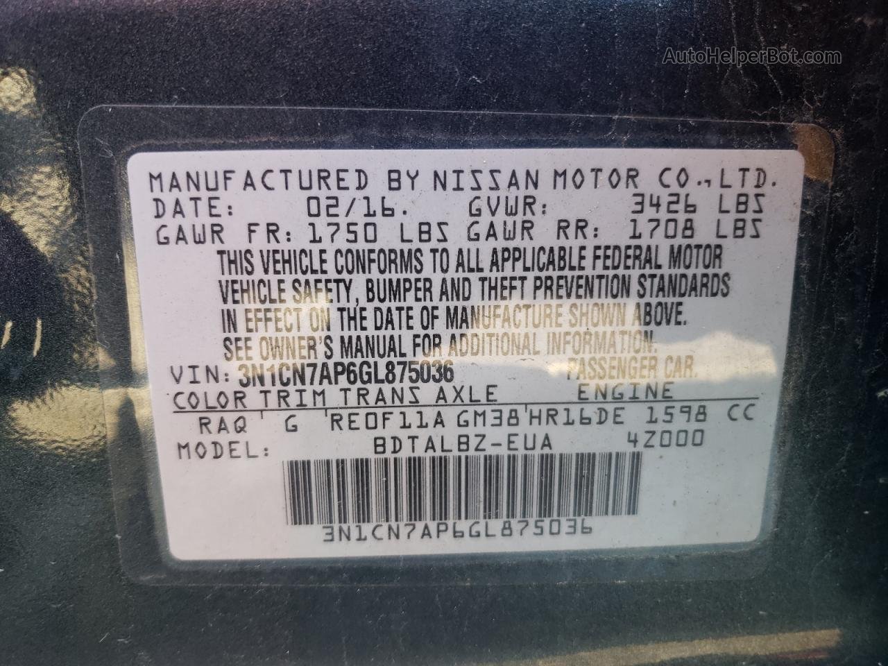 2016 Nissan Versa S Teal vin: 3N1CN7AP6GL875036