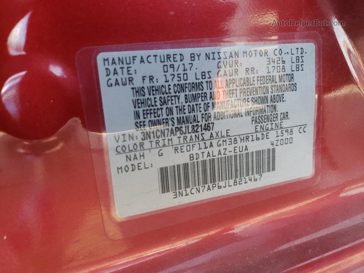 2018 Nissan Versa S Красный vin: 3N1CN7AP6JL821467