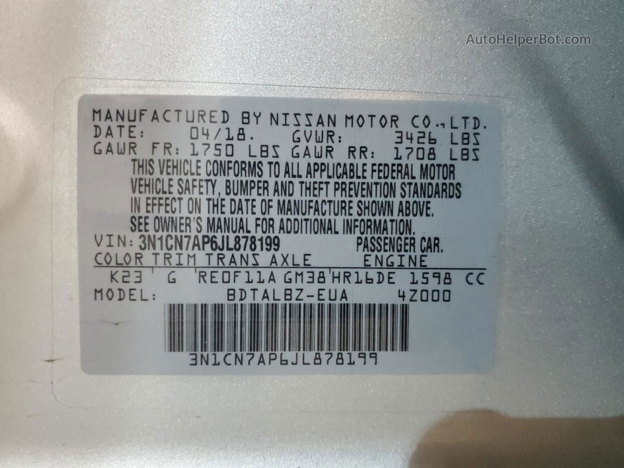 2018 Nissan Versa S Серебряный vin: 3N1CN7AP6JL878199