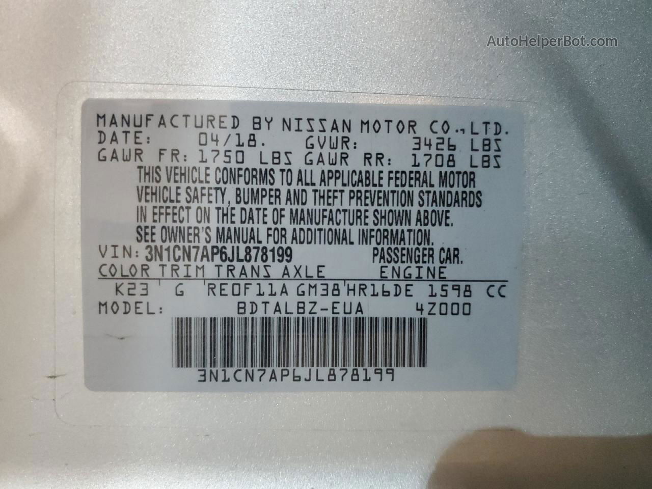 2018 Nissan Versa S Silver vin: 3N1CN7AP6JL878199