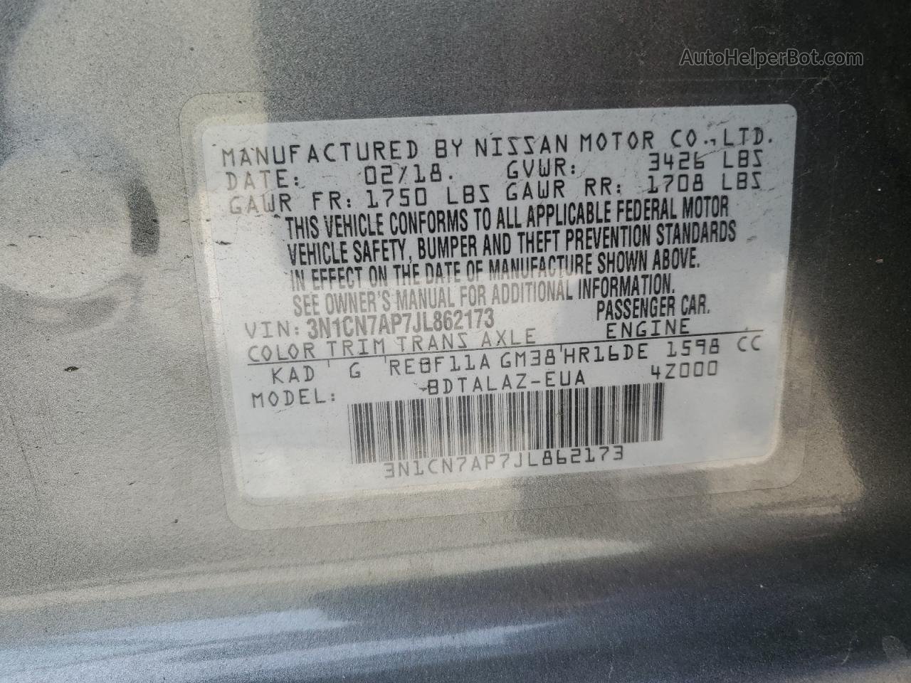 2018 Nissan Versa S Серый vin: 3N1CN7AP7JL862173