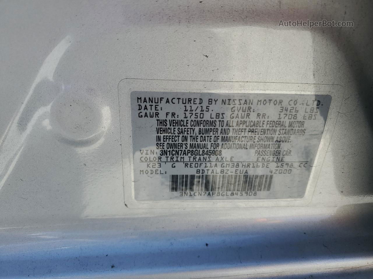 2016 Nissan Versa S Серебряный vin: 3N1CN7AP8GL845908