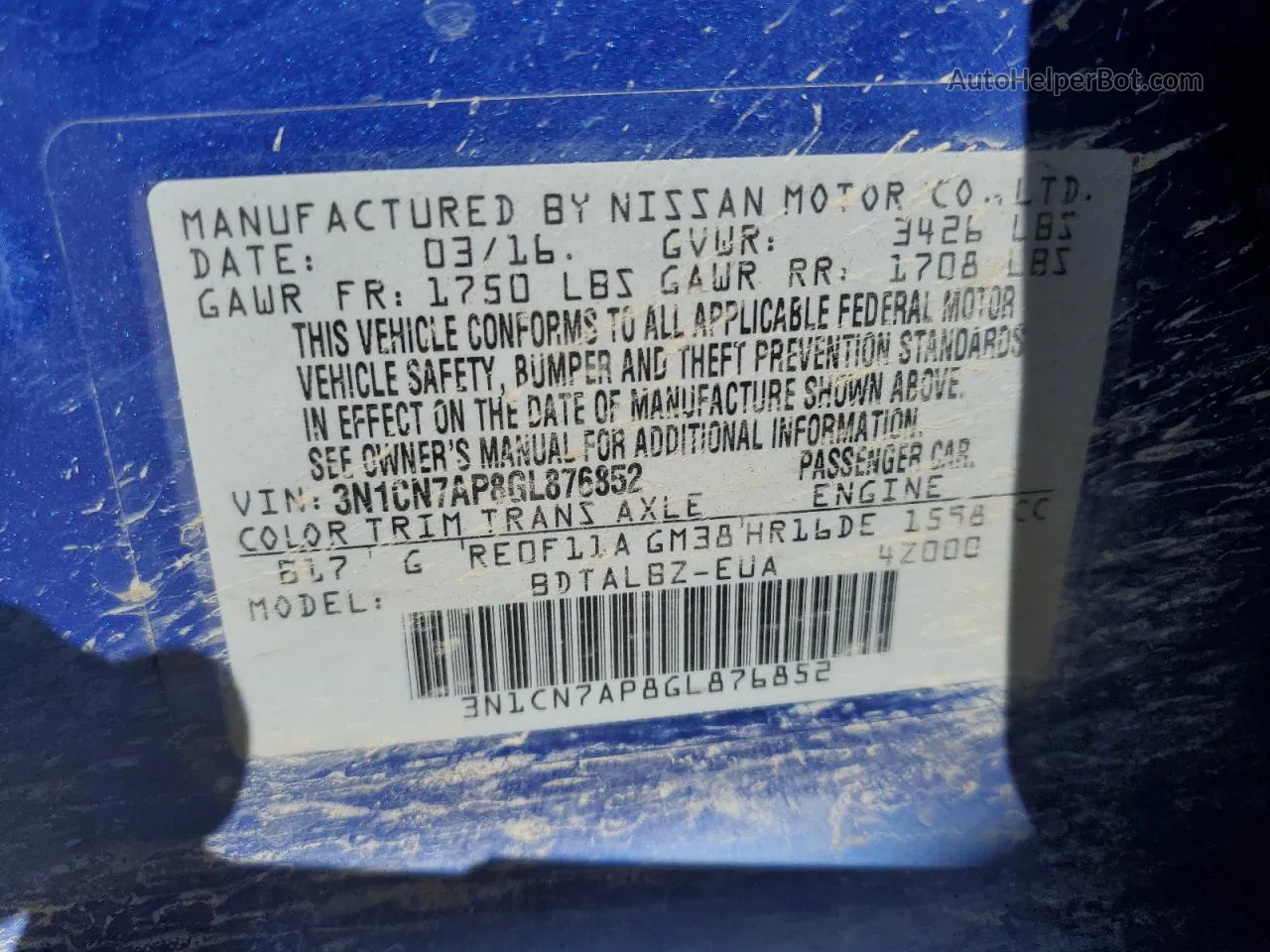 2016 Nissan Versa S Синий vin: 3N1CN7AP8GL876852