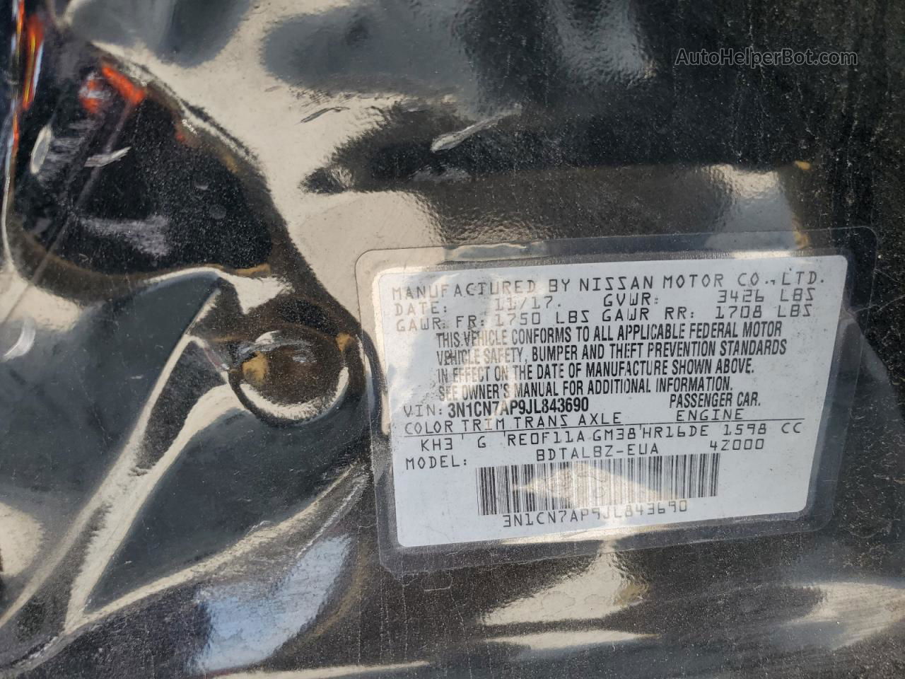 2018 Nissan Versa S Черный vin: 3N1CN7AP9JL843690