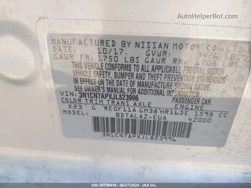 2018 Nissan Versa 1.6 S+ Серебряный vin: 3N1CN7APXJL823996