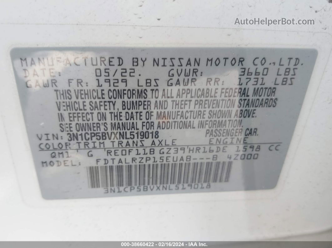 2022 Nissan Kicks S Xtronic Cvt White vin: 3N1CP5BVXNL519018