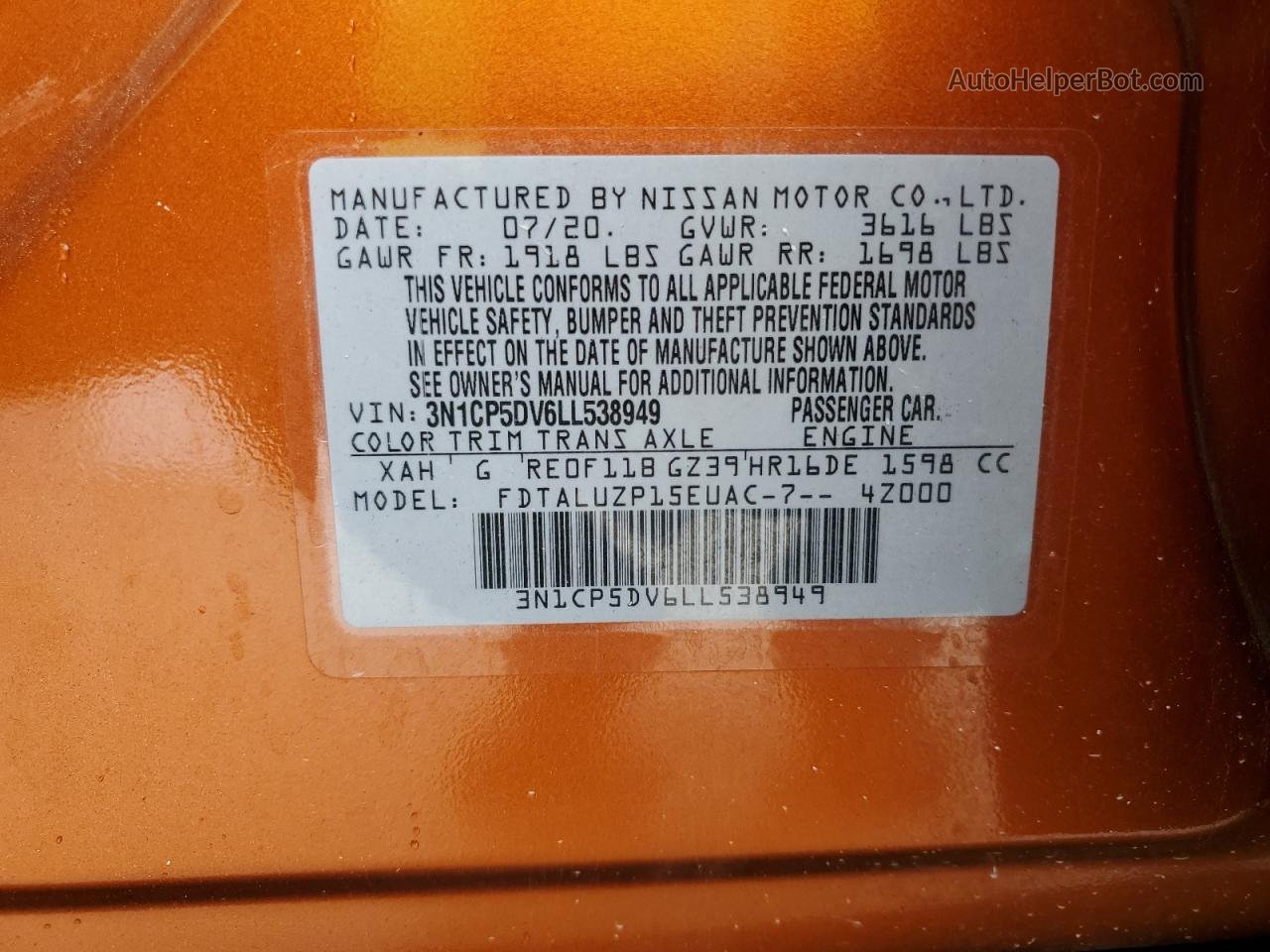 2020 Nissan Kicks Sr Orange vin: 3N1CP5DV6LL538949