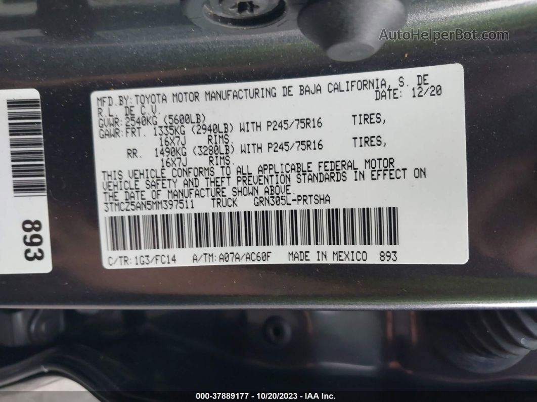 2021 Toyota Tacoma Sr/sr5/trd Sport Серый vin: 3TMCZ5AN5MM397511