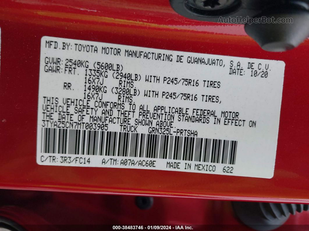 2021 Toyota Tacoma Sr5 V6 Red vin: 3TYAZ5CN7MT003905