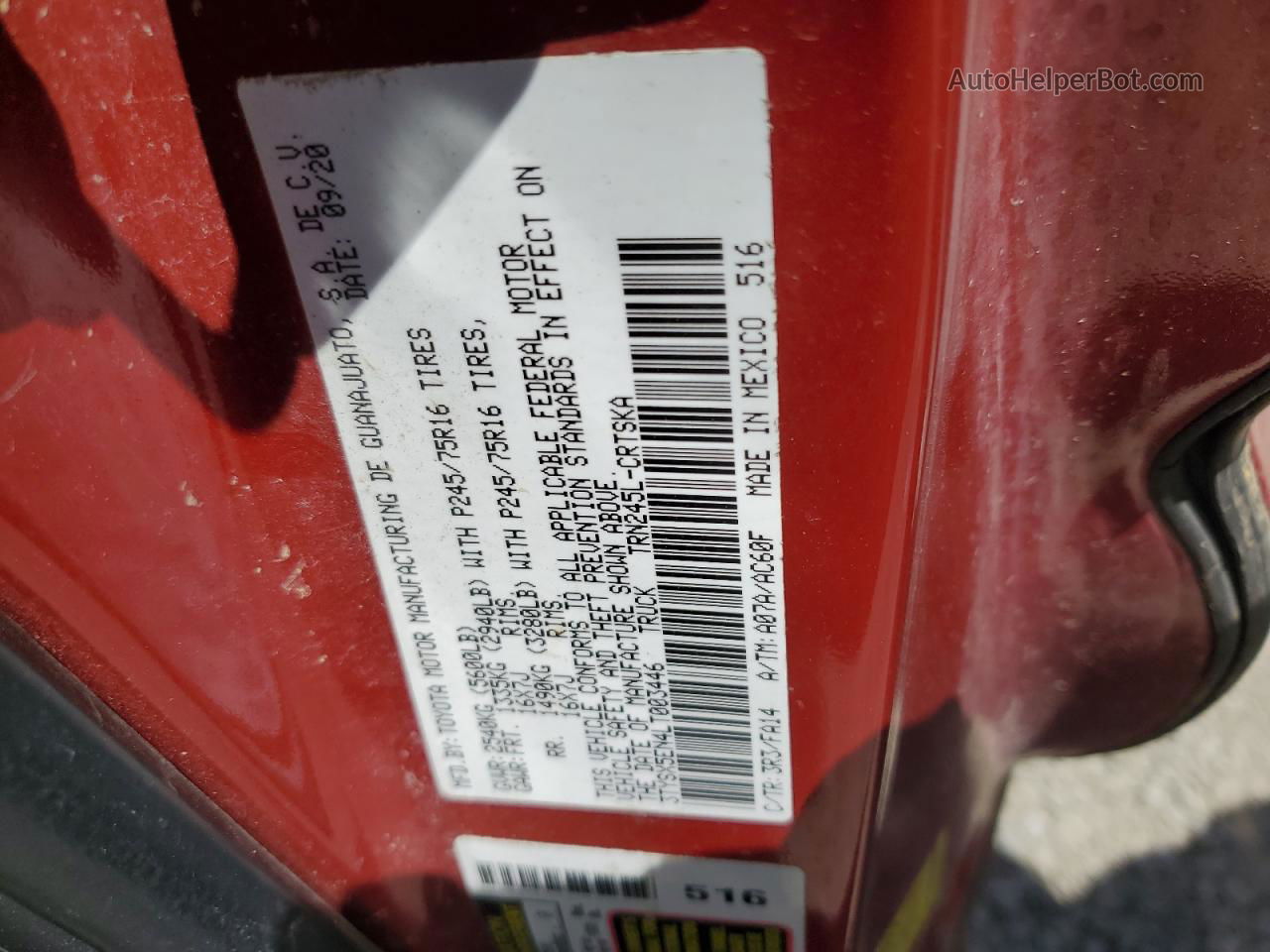 2020 Toyota Tacoma Access Cab Red vin: 3TYSX5EN4LT003446