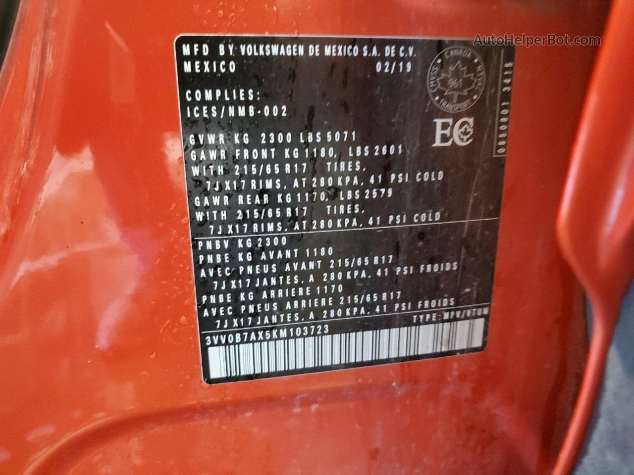 2019 Volkswagen Tiguan S Orange vin: 3VV0B7AX5KM103723