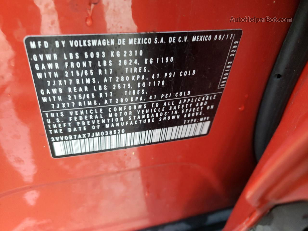 2018 Volkswagen Tiguan S Оранжевый vin: 3VV0B7AX7JM038520