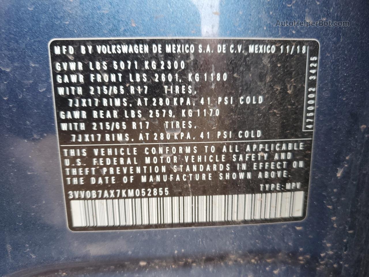 2019 Volkswagen Tiguan S Синий vin: 3VV0B7AX7KM052855