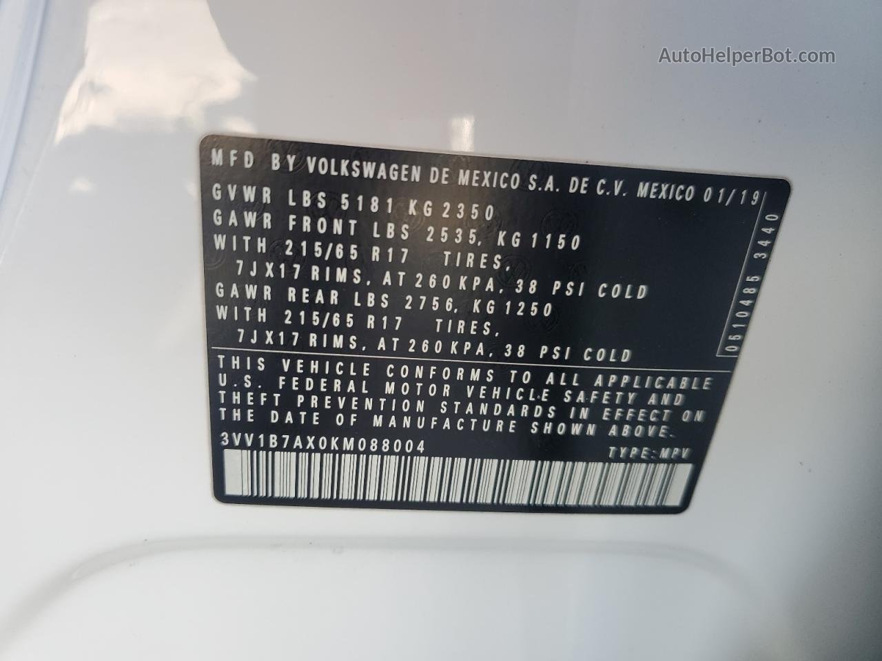 2019 Volkswagen Tiguan S White vin: 3VV1B7AX0KM088004