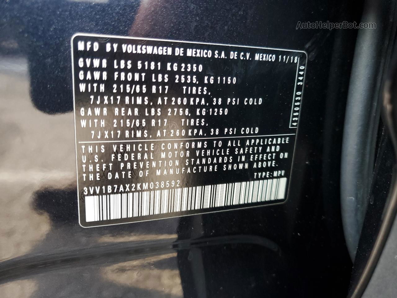 2019 Volkswagen Tiguan S Черный vin: 3VV1B7AX2KM038592