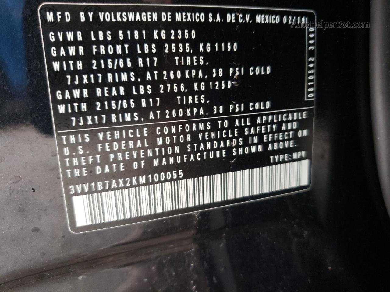 2019 Volkswagen Tiguan S Black vin: 3VV1B7AX2KM100055