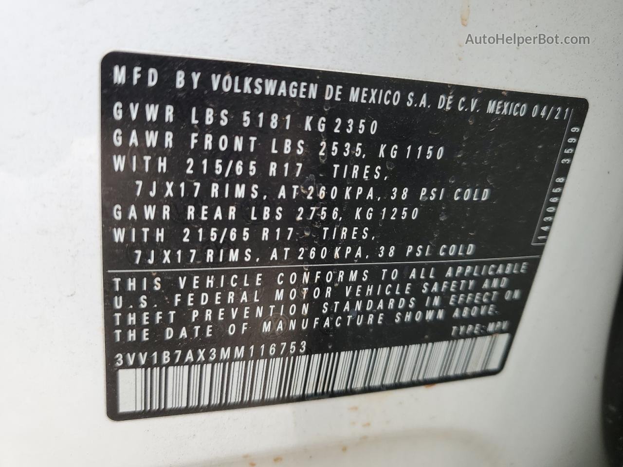 2021 Volkswagen Tiguan S White vin: 3VV1B7AX3MM116753