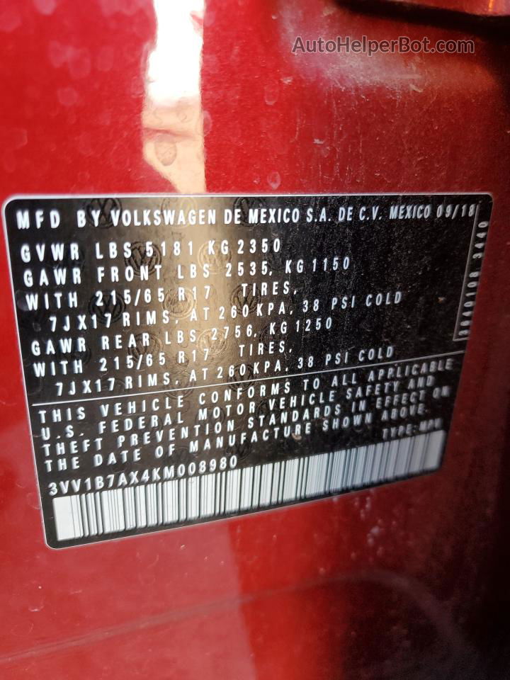 2019 Volkswagen Tiguan S Red vin: 3VV1B7AX4KM008980