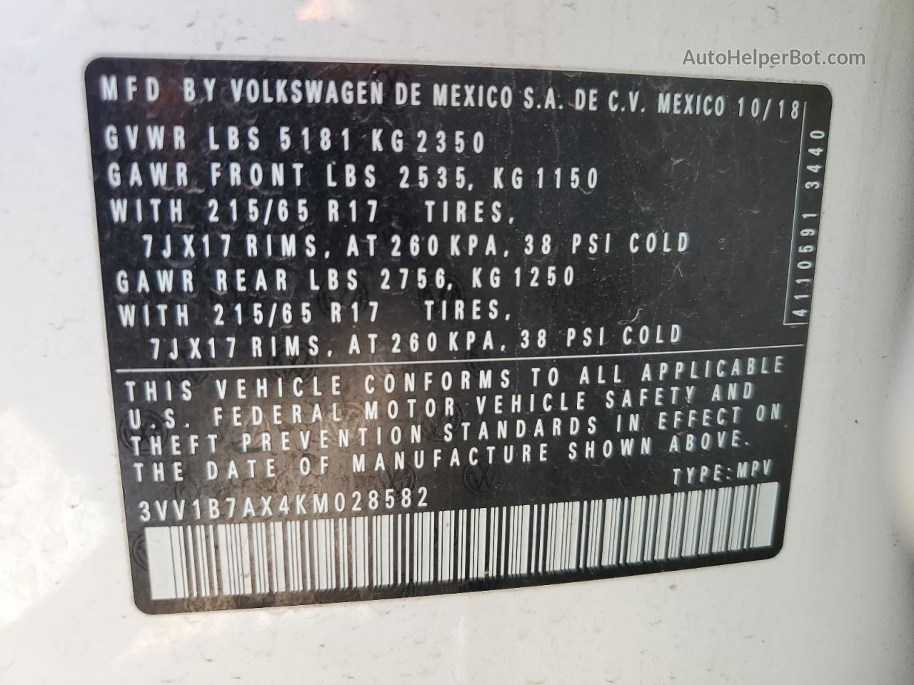 2019 Volkswagen Tiguan S White vin: 3VV1B7AX4KM028582