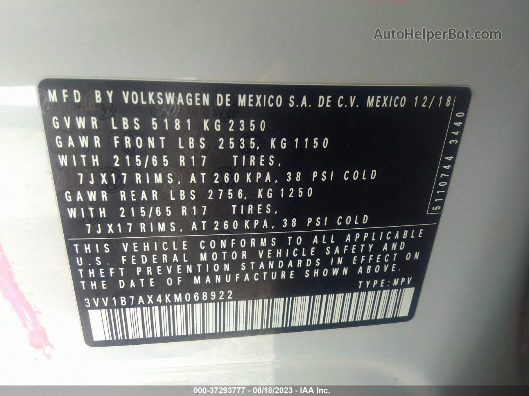 2019 Volkswagen Tiguan S Белый vin: 3VV1B7AX4KM068922