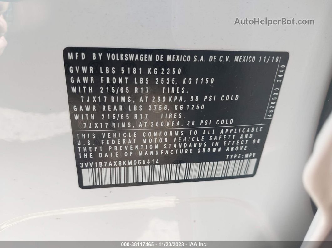 2019 Volkswagen Tiguan 2.0t S White vin: 3VV1B7AX8KM055414