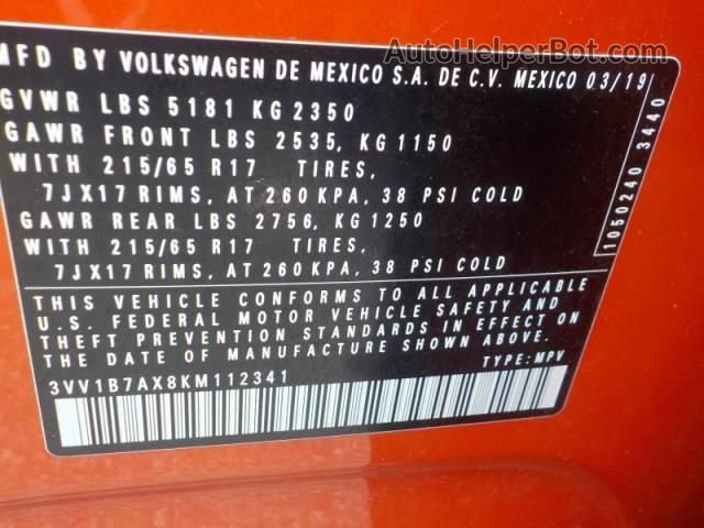 2019 Volkswagen Tiguan S Orange vin: 3VV1B7AX8KM112341