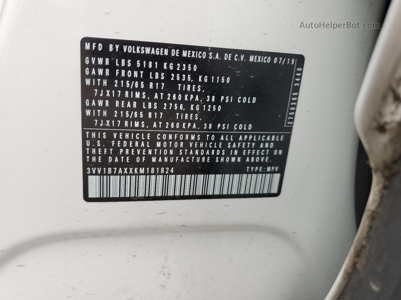 2019 Volkswagen Tiguan S White vin: 3VV1B7AXXKM181824