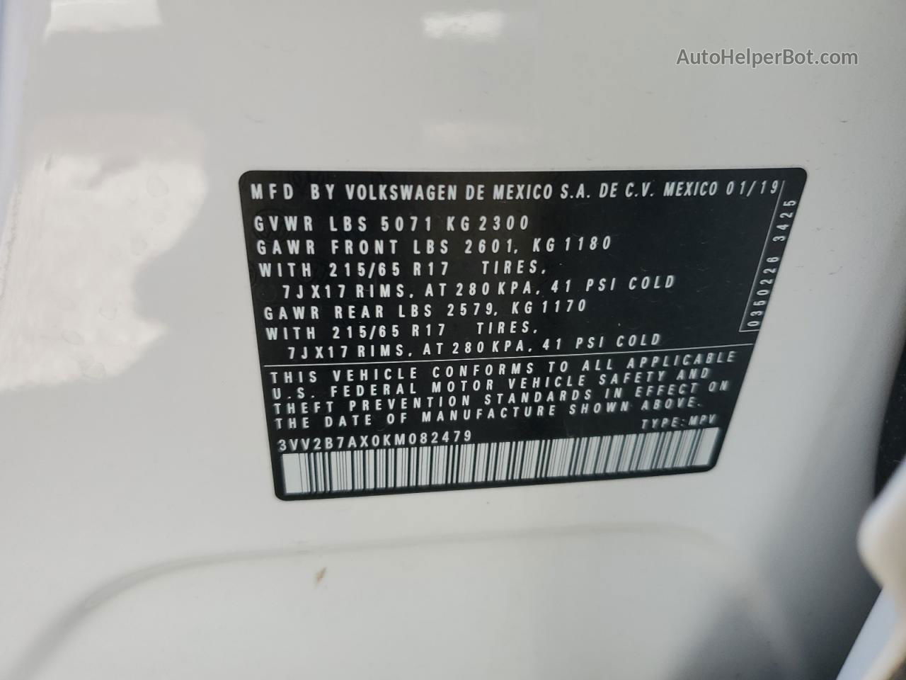 2019 Volkswagen Tiguan Se Белый vin: 3VV2B7AX0KM082479