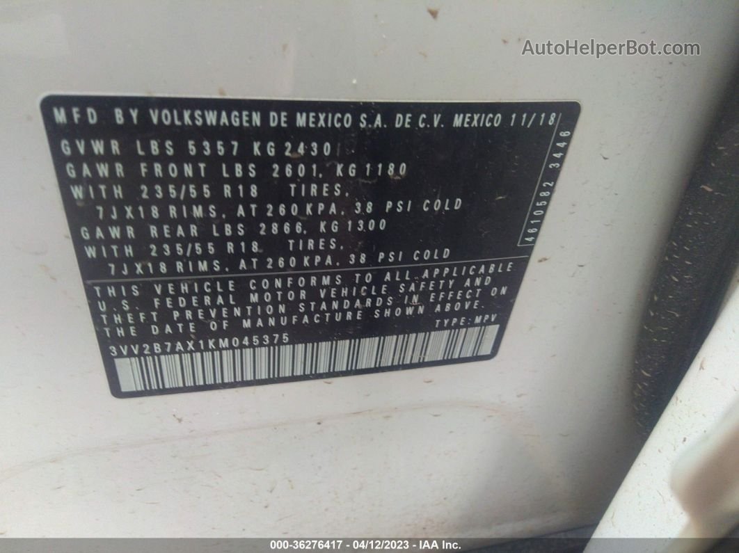 2019 Volkswagen Tiguan Se/sel/sel R-line Белый vin: 3VV2B7AX1KM045375