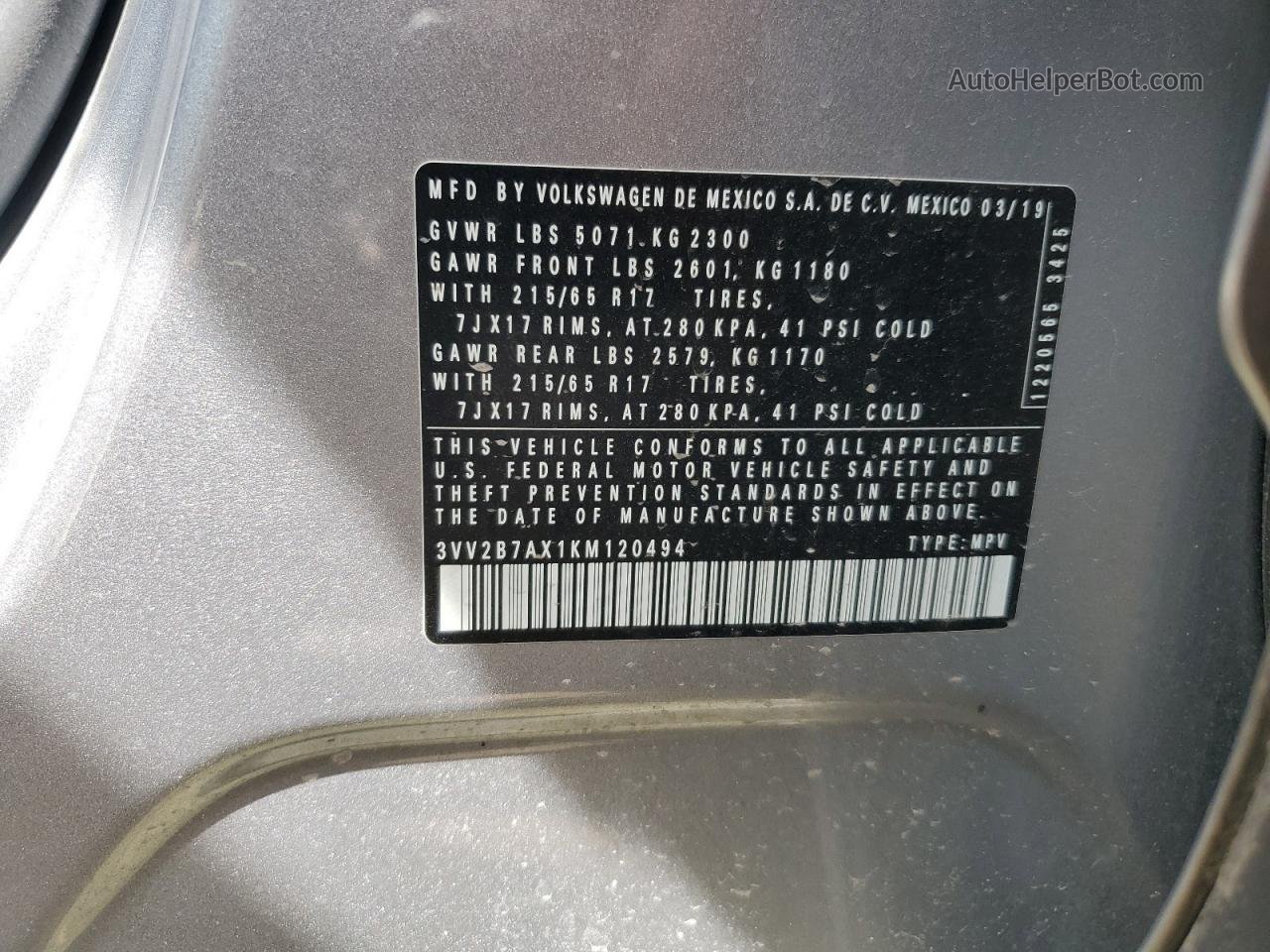2019 Volkswagen Tiguan Se Silver vin: 3VV2B7AX1KM120494