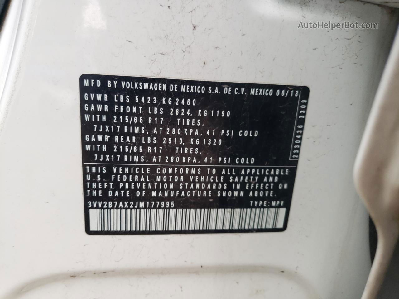 2018 Volkswagen Tiguan Se White vin: 3VV2B7AX2JM177995