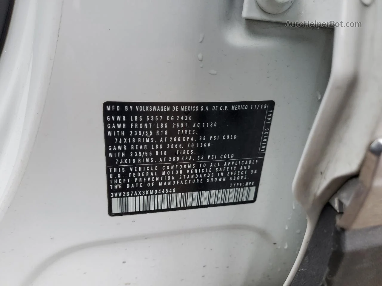 2019 Volkswagen Tiguan Se Белый vin: 3VV2B7AX3KM044549