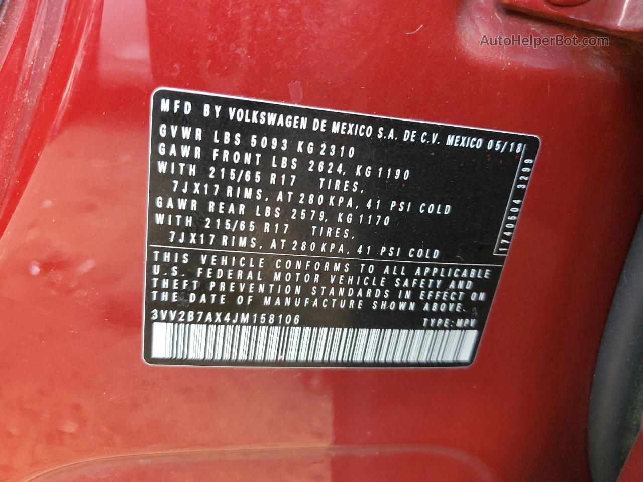 2018 Volkswagen Tiguan Se Red vin: 3VV2B7AX4JM158106