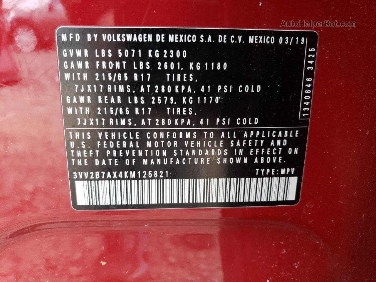 2019 Volkswagen Tiguan Se Burgundy vin: 3VV2B7AX4KM125821