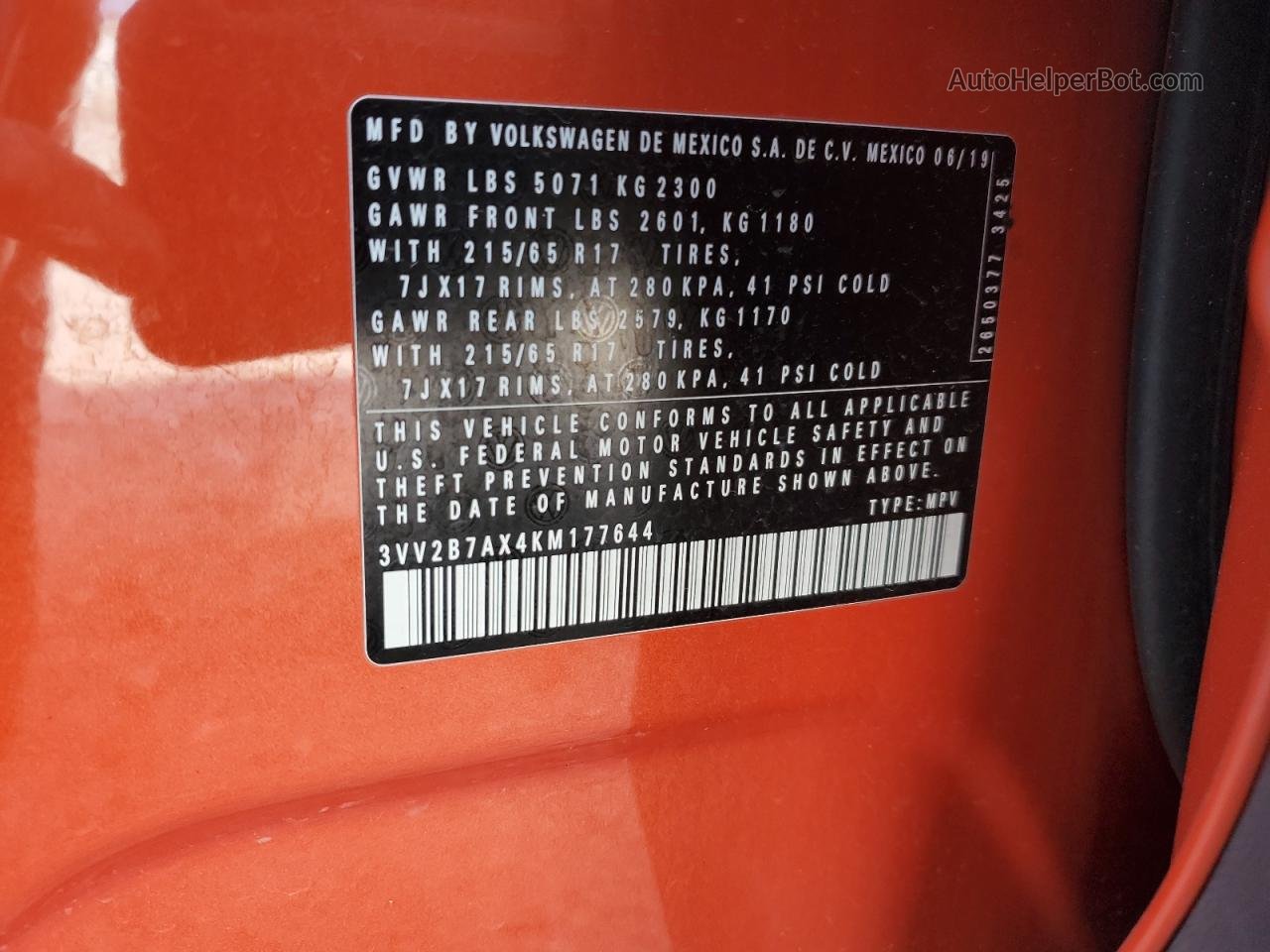 2019 Volkswagen Tiguan Se Orange vin: 3VV2B7AX4KM177644