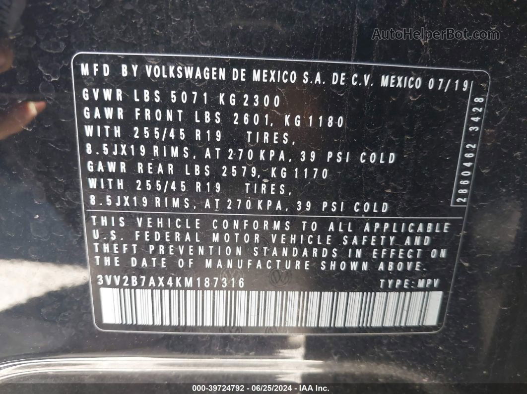 2019 Volkswagen Tiguan 2.0t Se/2.0t Sel/2.0t Sel R-line/2.0t Sel R-line Black Black vin: 3VV2B7AX4KM187316