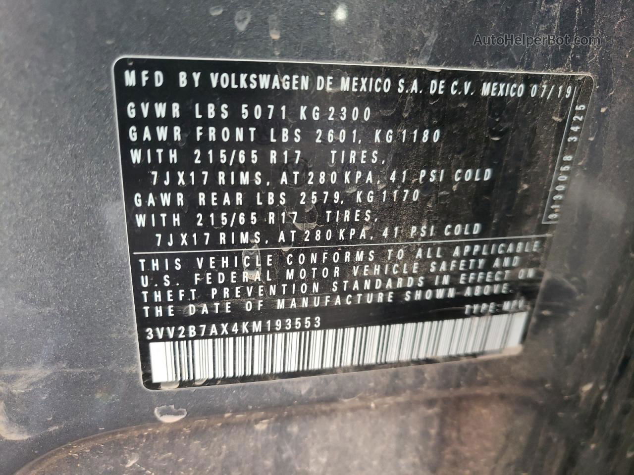 2019 Volkswagen Tiguan Se Серый vin: 3VV2B7AX4KM193553