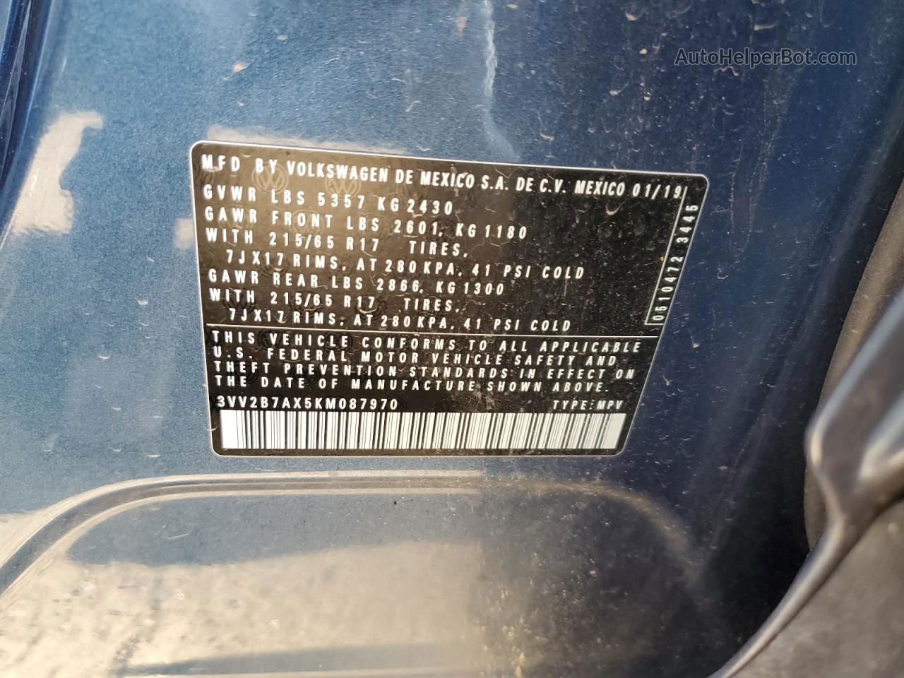 2019 Volkswagen Tiguan Se Синий vin: 3VV2B7AX5KM087970