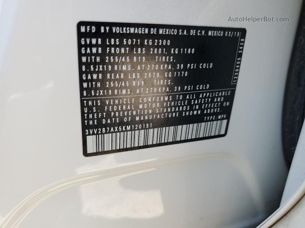 2019 Volkswagen Tiguan Se Белый vin: 3VV2B7AX5KM120191