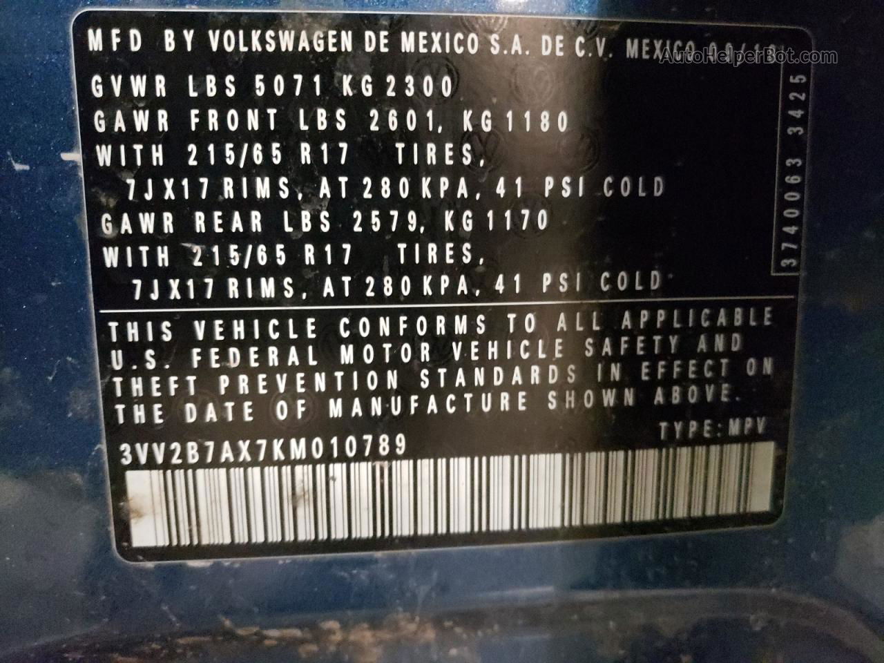 2019 Volkswagen Tiguan Se Blue vin: 3VV2B7AX7KM010789