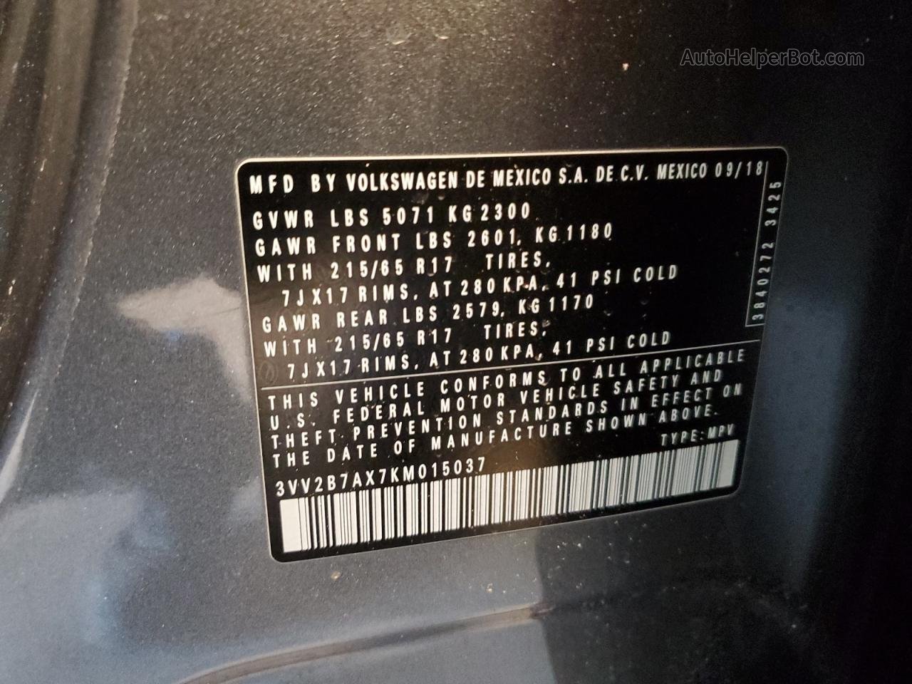 2019 Volkswagen Tiguan Se Gray vin: 3VV2B7AX7KM015037