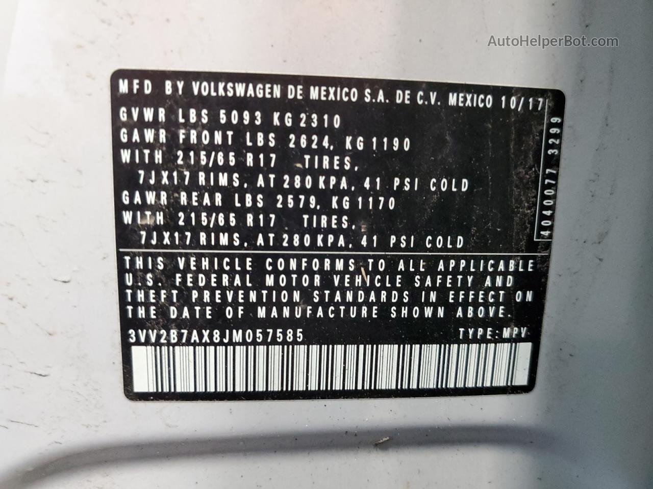 2018 Volkswagen Tiguan Se White vin: 3VV2B7AX8JM057585