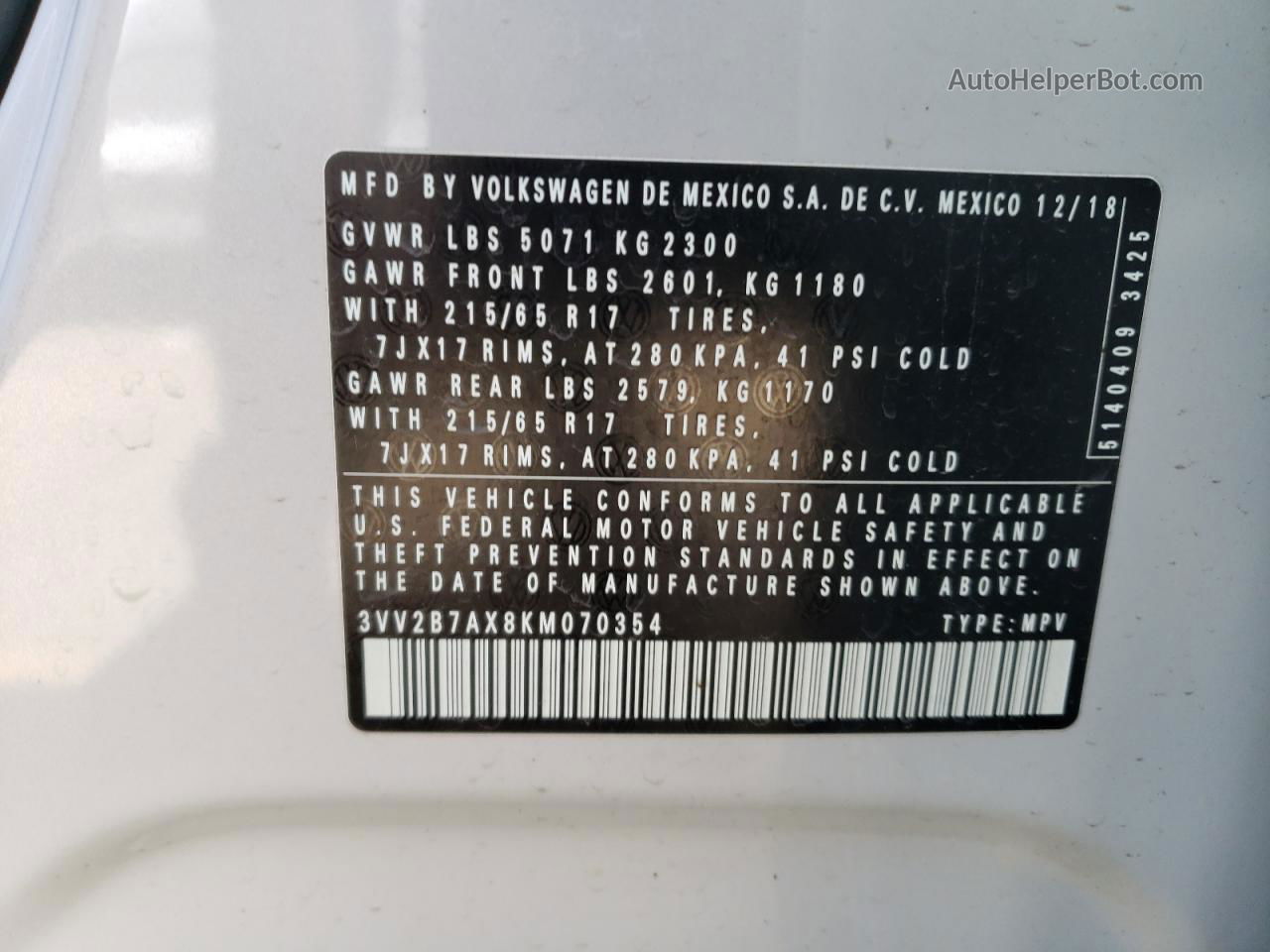 2019 Volkswagen Tiguan Se White vin: 3VV2B7AX8KM070354