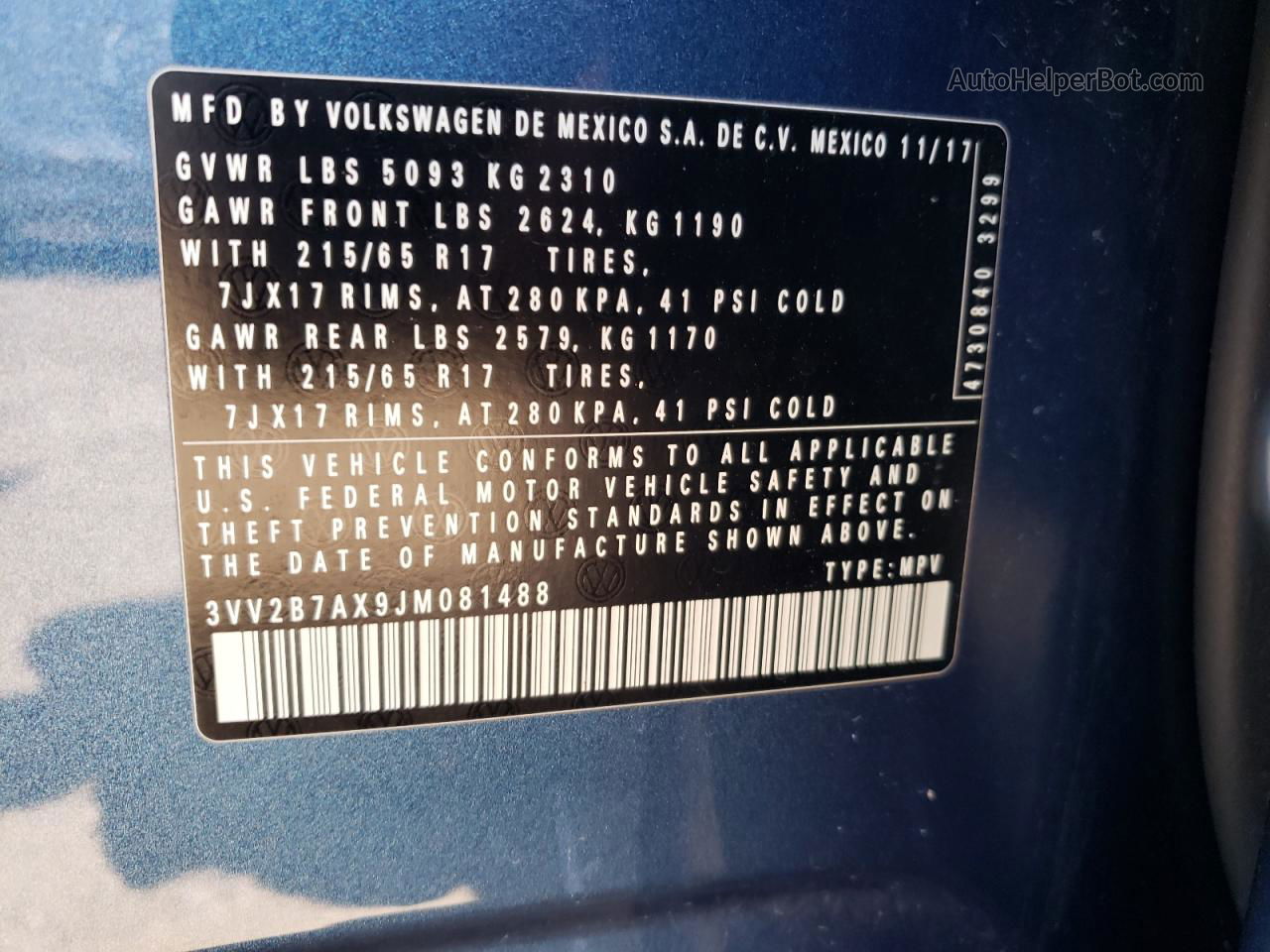2018 Volkswagen Tiguan Se Blue vin: 3VV2B7AX9JM081488
